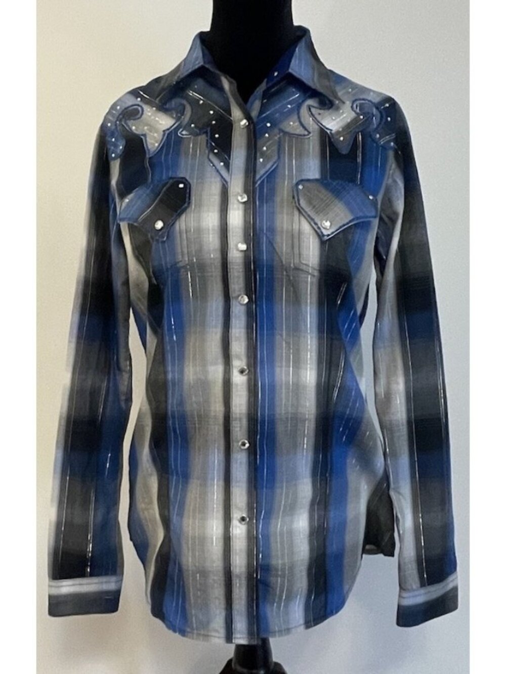 Rock 47 by Wrangler Womens Plaid Western Shirt Rhinestone Studded Long Sleeve M